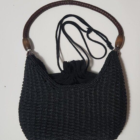 Black woven pattern handbag, inner lining drawstirng cinch tie pouch - Picture 2 of 9